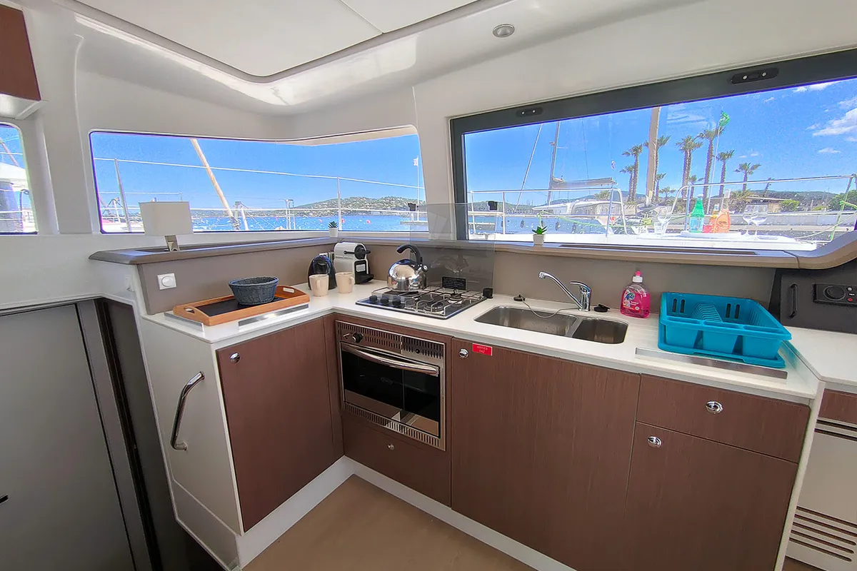 Galley of Poseidon, a Bali 4.1 catamaran at Grimaud, France