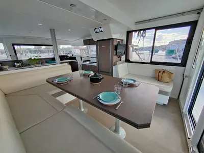Salon of Poseidon, a Bali 4.1 catamaran at Grimaud, France