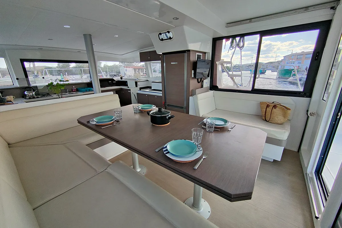 Salon of Poseidon, a Bali 4.1 catamaran at Grimaud, France