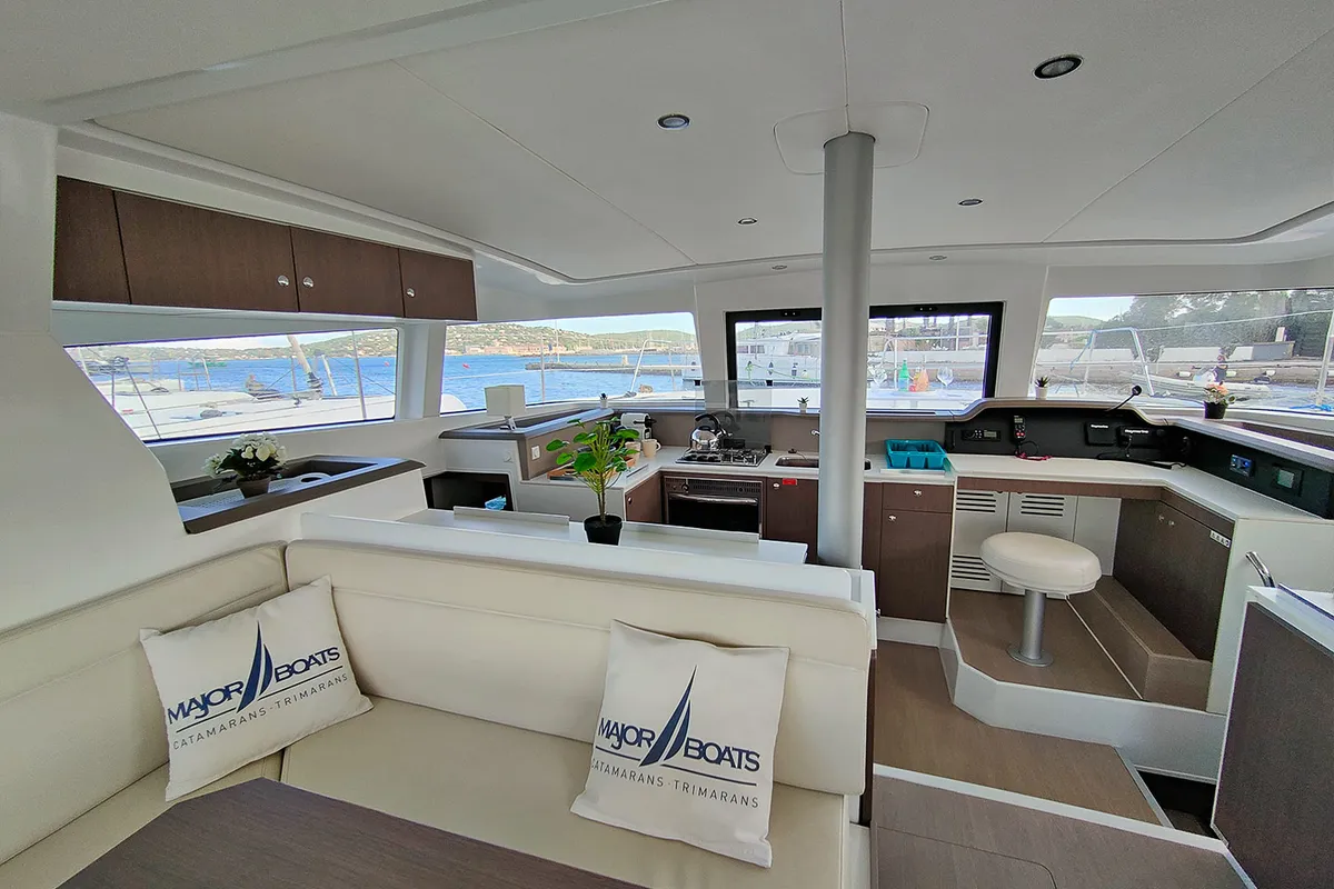 Salon of Poseidon, a Bali 4.1 catamaran at Grimaud, France