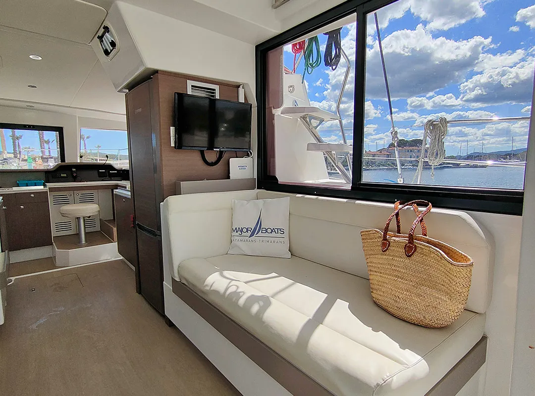 Salon of Poseidon, a Bali 4.1 catamaran at Grimaud, France
