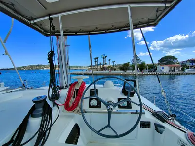 Cockpit of Poseidon, a Bali 4.1 catamaran at Grimaud, France
