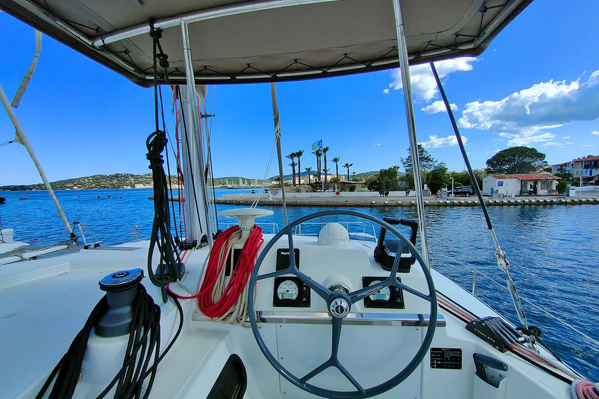 Cockpit of Poseidon, a Bali 4.1 catamaran at Grimaud, France