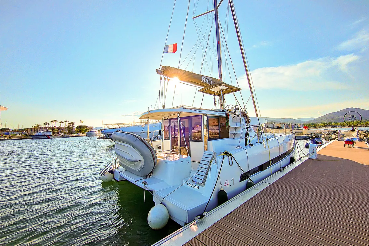 Exterior view of Poseidon, a Bali 4.1 catamaran at Grimaud, France