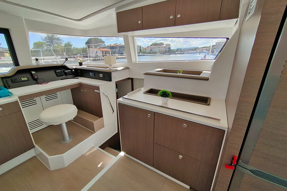 Cockpit of Poseidon, a Bali 4.1 catamaran at Grimaud, France
