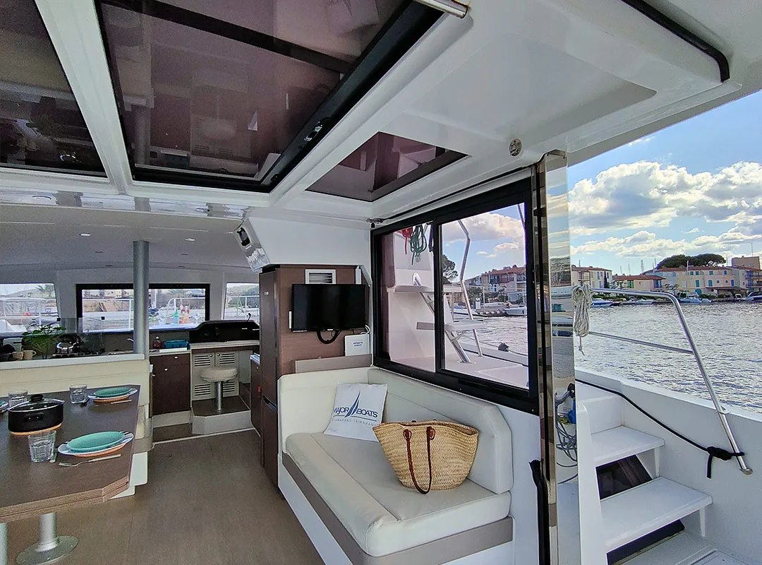 Deck of Poseidon, a Bali 4.1 catamaran at Grimaud, France