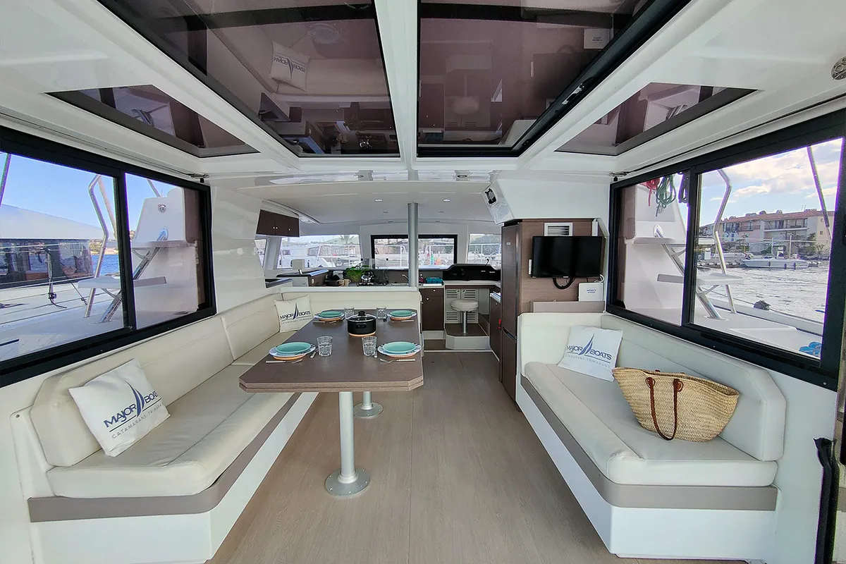 Salon of Poseidon, a Bali 4.1 catamaran at Grimaud, France