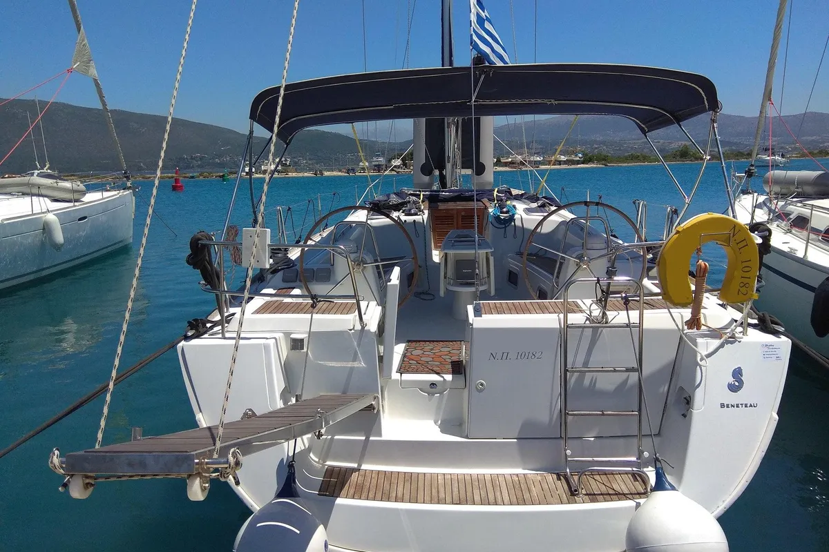 Deck of Alpha , a Beneteau Oceanis 46 sailboat at Municipal Unit of Lefkada, Greece