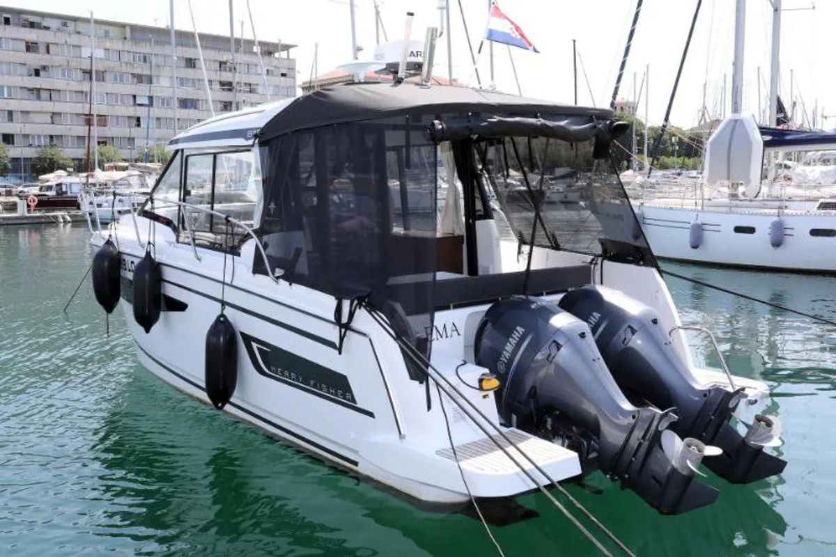 Exterior view of Ema, a Jeanneau Merry Fisher 895 motorboat at Split, Croatia
