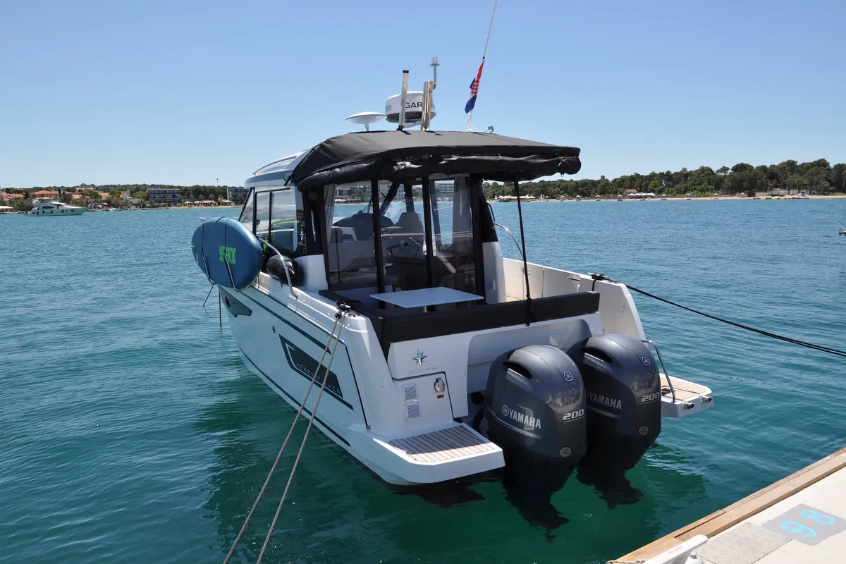 Exterior view of Ema, a Jeanneau Merry Fisher 895 motorboat at Split, Croatia