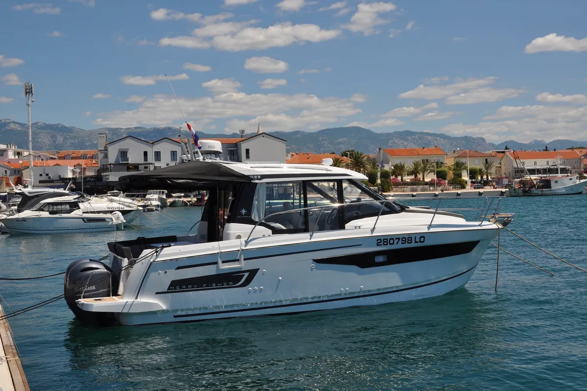 Exterior view of Ema, a Jeanneau Merry Fisher 895 motorboat at Split, Croatia