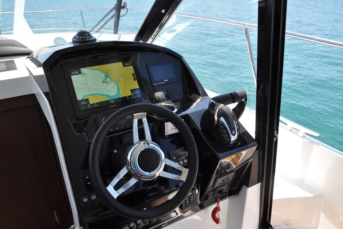 Cockpit of Ema, a Jeanneau Merry Fisher 895 motorboat at Split, Croatia