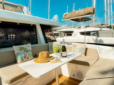 Deck of Here and Now, a Bali 4.4 catamaran at Parham Town, British Virgin Islands