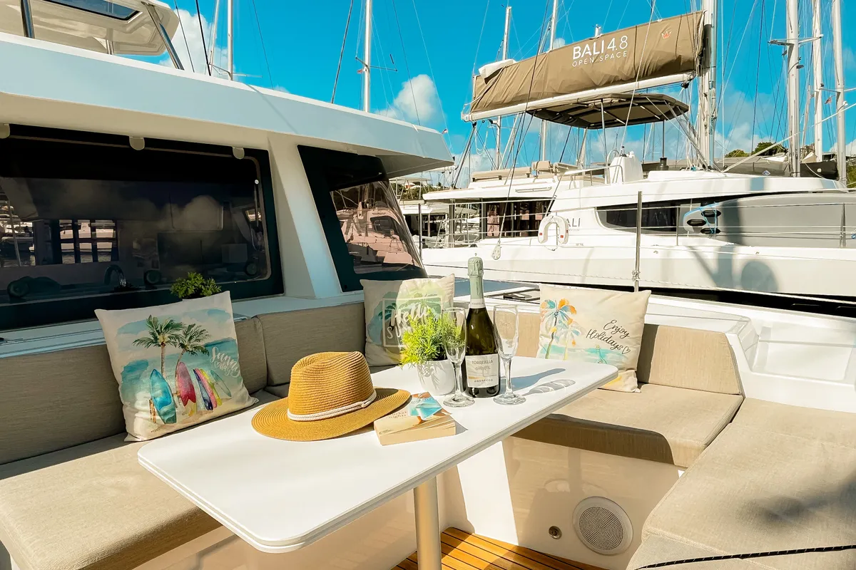 Deck of Here and Now, a Bali 4.4 catamaran at Parham Town, British Virgin Islands