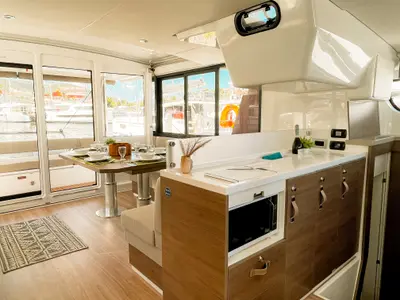 Salon of Here and Now, a Bali 4.4 catamaran at Parham Town, British Virgin Islands