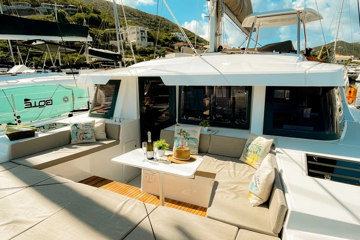 Deck of Here and Now, a Bali 4.4 catamaran at Parham Town, British Virgin Islands