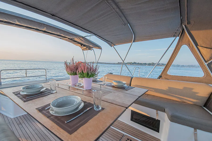 Deck of Anema, a Dufour 530 sailboat at Athens, Greece