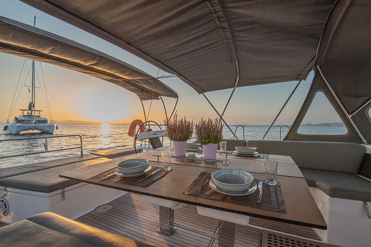 Deck of Anema, a Dufour 530 sailboat at Athens, Greece