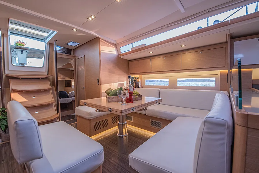 Salon of Anema, a Dufour 530 sailboat at Athens, Greece