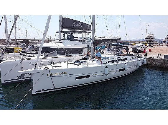 Exterior view of Anema, a Dufour 530 sailboat at Athens, Greece