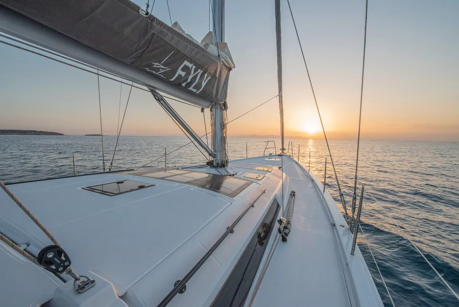 Exterior view of Anema, a Dufour 530 sailboat at Athens, Greece