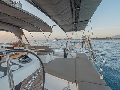 Cockpit of Anema, a Dufour 530 sailboat at Athens, Greece