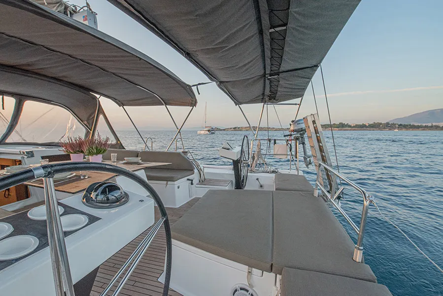 Cockpit of Anema, a Dufour 530 sailboat at Athens, Greece