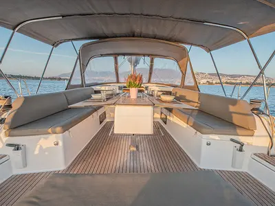Deck of Anema, a Dufour 530 sailboat at Athens, Greece