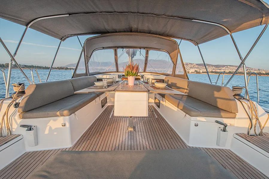 Deck of Anema, a Dufour 530 sailboat at Athens, Greece