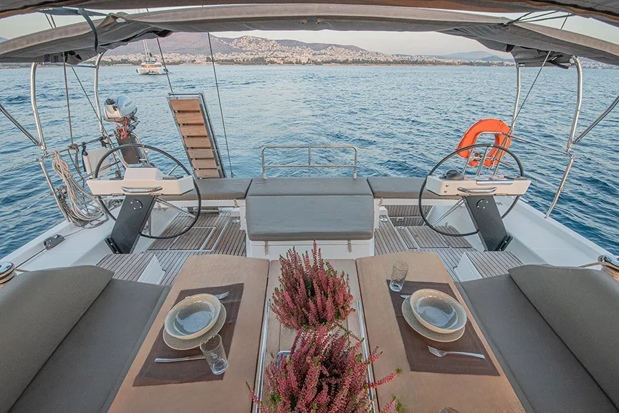 Cockpit of Anema, a Dufour 530 sailboat at Athens, Greece