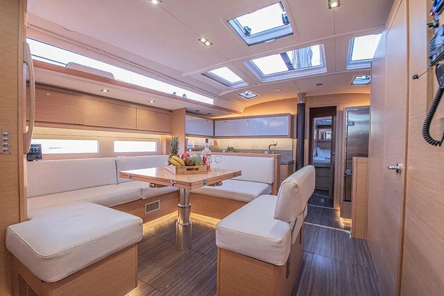 Salon of Anema, a Dufour 530 sailboat at Athens, Greece
