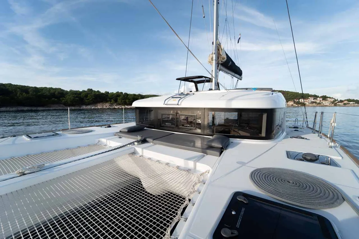 Deck of Mamma Mia, a Lagoon 40 catamaran at Grad Šibenik, Croatia