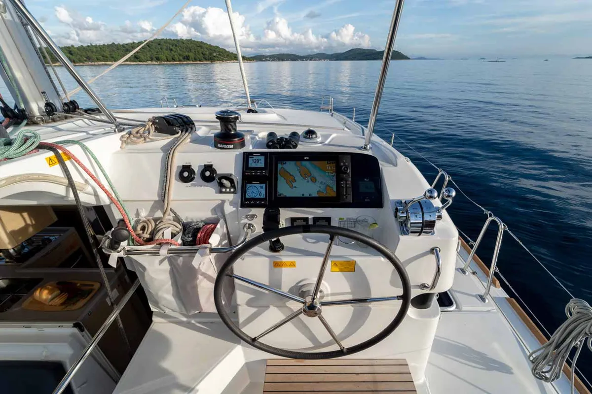 Cockpit of Mamma Mia, a Lagoon 40 catamaran at Grad Šibenik, Croatia