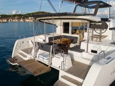 Deck of Mamma Mia, a Lagoon 40 catamaran at Grad Šibenik, Croatia