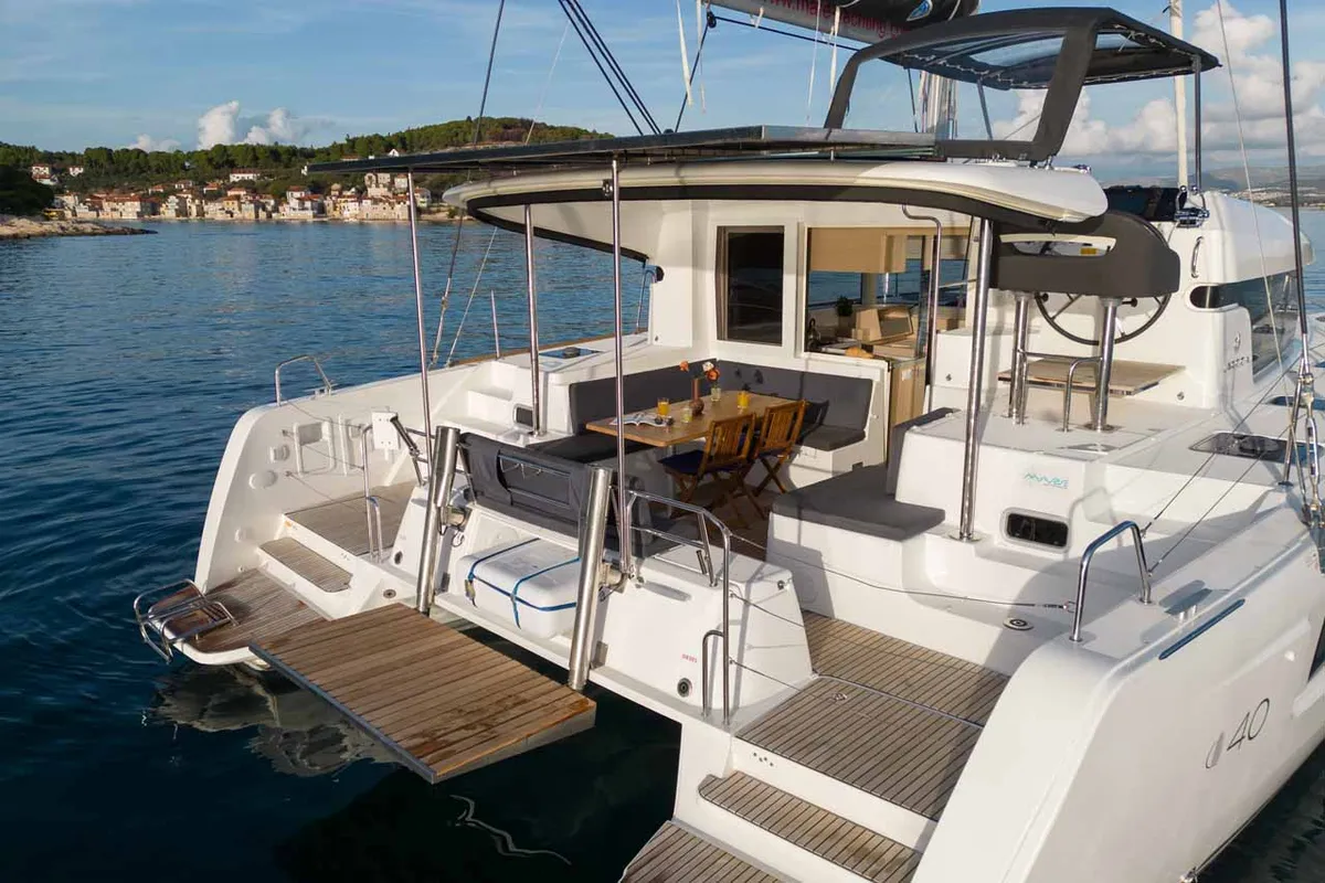 Deck of Mamma Mia, a Lagoon 40 catamaran at Grad Šibenik, Croatia