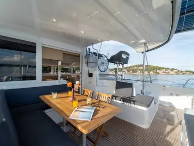 Cockpit of Mamma Mia, a Lagoon 40 catamaran at Grad Šibenik, Croatia