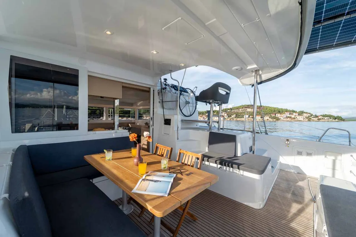 Cockpit of Mamma Mia, a Lagoon 40 catamaran at Grad Šibenik, Croatia