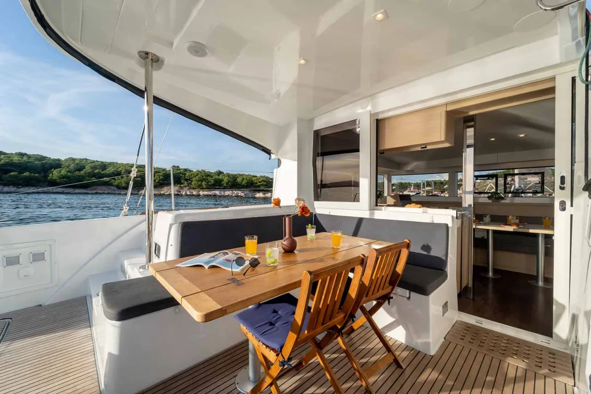Deck of Mamma Mia, a Lagoon 40 catamaran at Grad Šibenik, Croatia