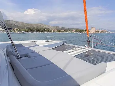Deck of Faros, a Excess 15 catamaran at Seget Donji, Croatia