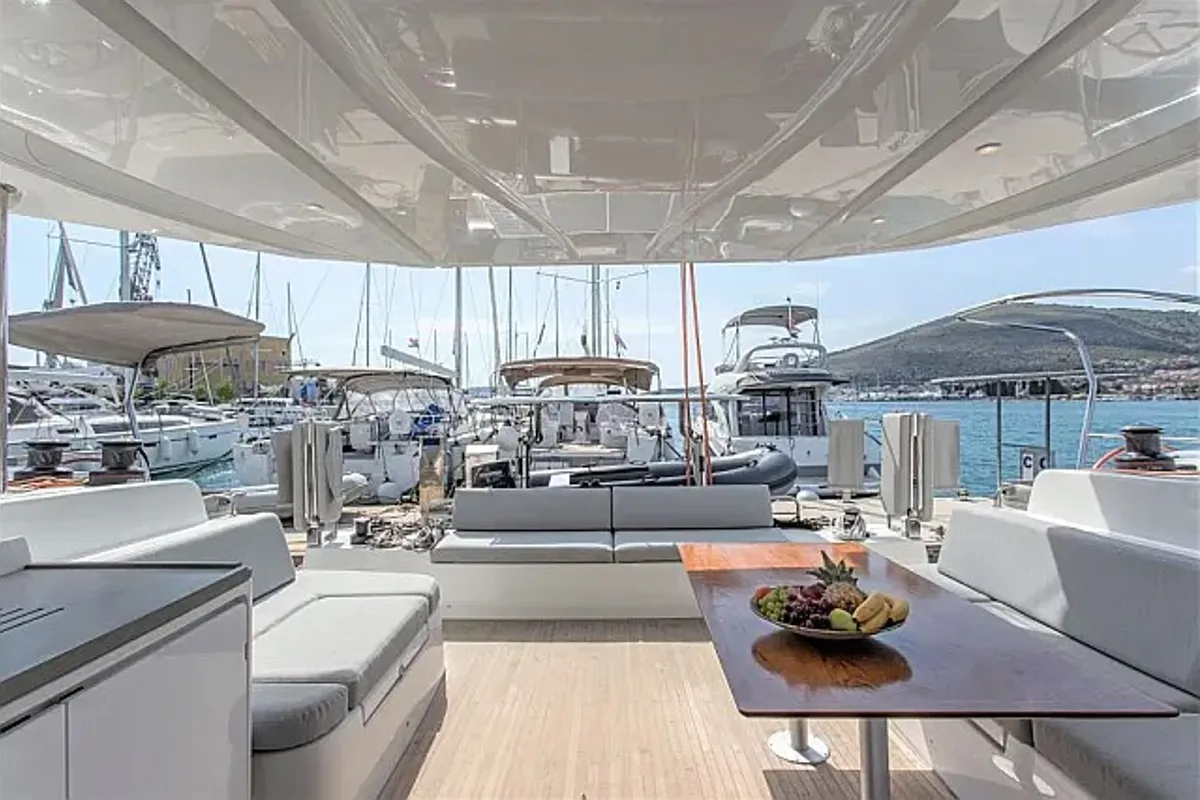 Deck of Faros, a Excess 15 catamaran at Seget Donji, Croatia