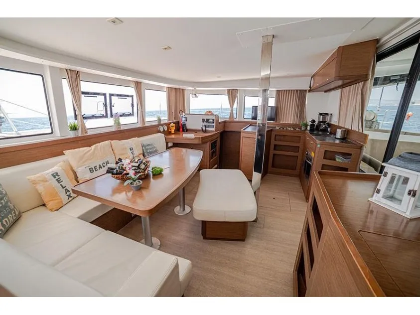 Salon of Svea, a Lagoon 42 catamaran at Nea Peramos, Greece