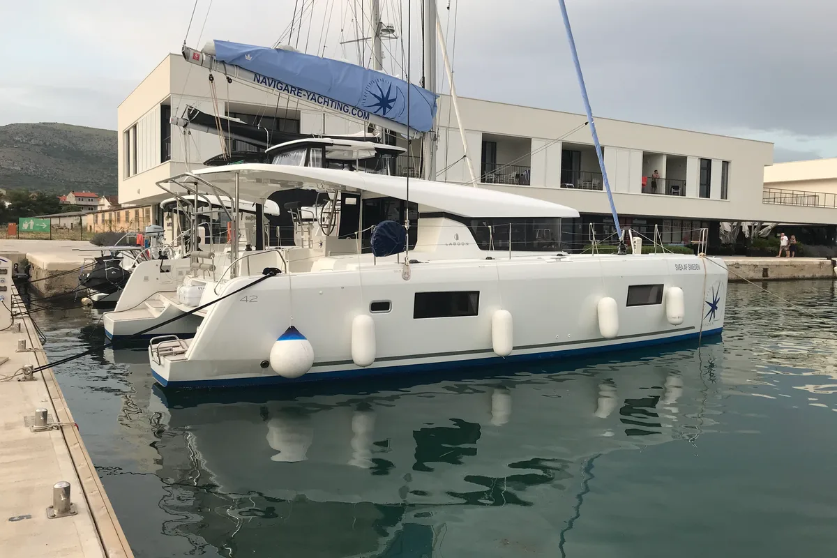 Exterior view of Svea, a Lagoon 42 catamaran at Nea Peramos, Greece