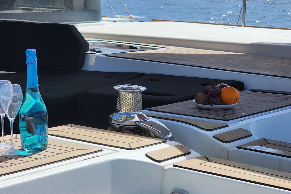 Deck of Tamiro, a Lagoon 52F catamaran at Municipal Unit of Lefkada, Greece
