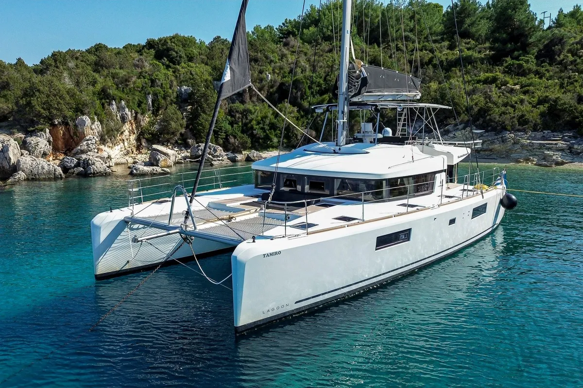 Exterior view of Tamiro, a Lagoon 52F catamaran at Municipal Unit of Lefkada, Greece