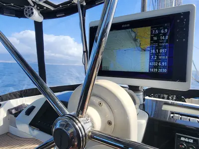 Cockpit of Tamiro, a Lagoon 52F catamaran at Municipal Unit of Lefkada, Greece