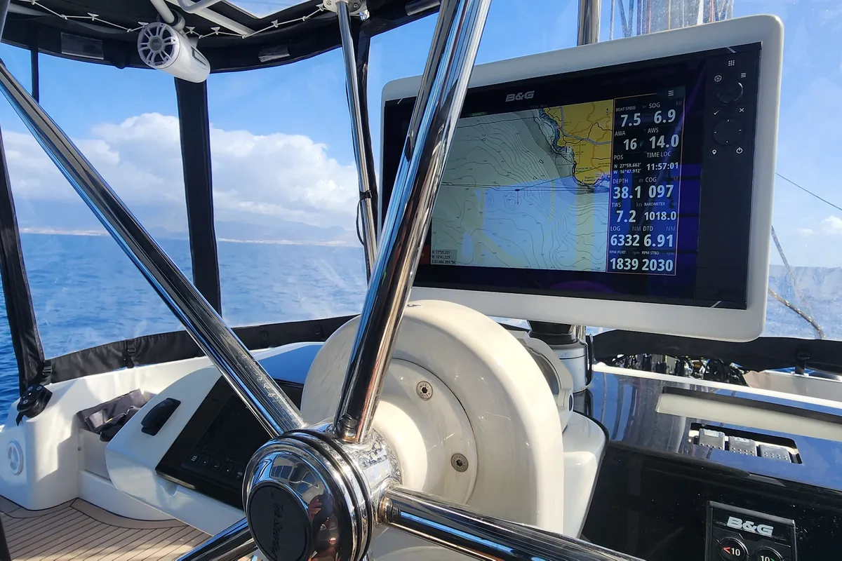 Cockpit of Tamiro, a Lagoon 52F catamaran at Municipal Unit of Lefkada, Greece