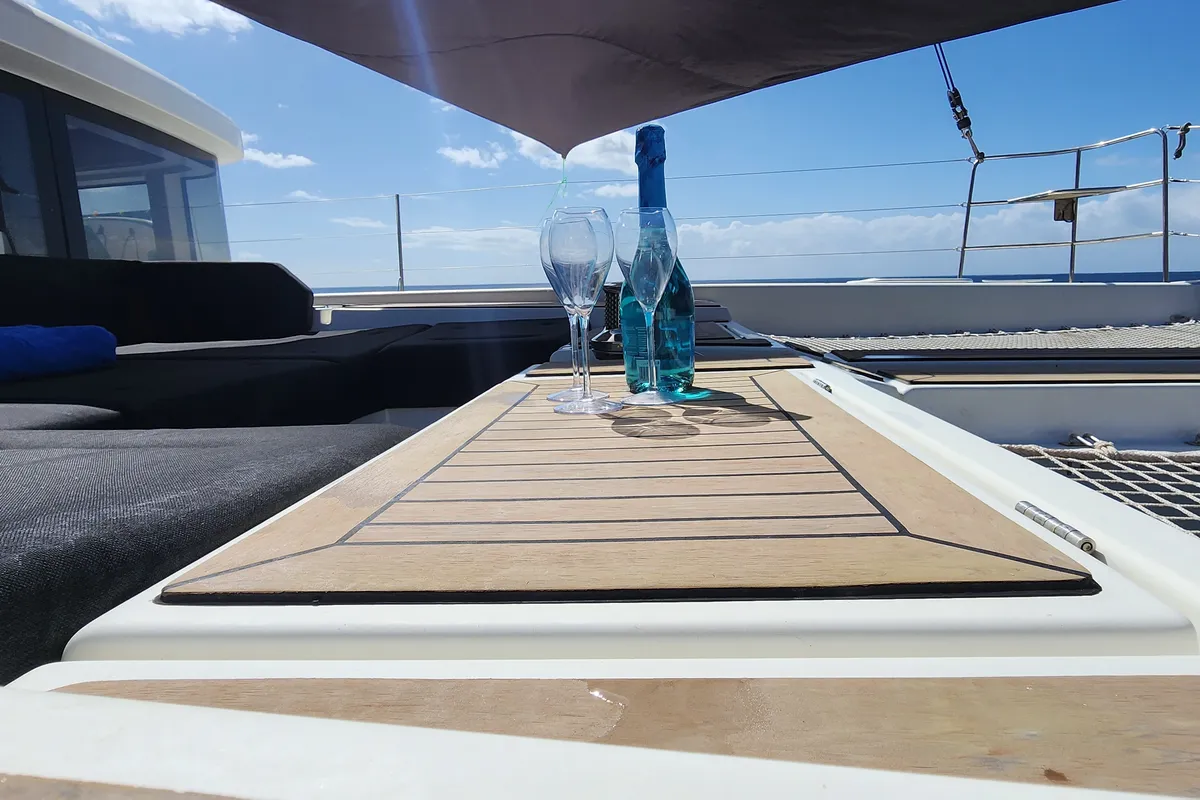 Deck of Tamiro, a Lagoon 52F catamaran at Municipal Unit of Lefkada, Greece