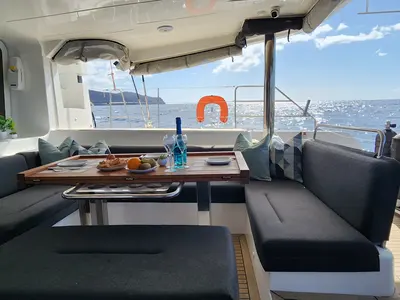 Deck of Tamiro, a Lagoon 52F catamaran at Municipal Unit of Lefkada, Greece
