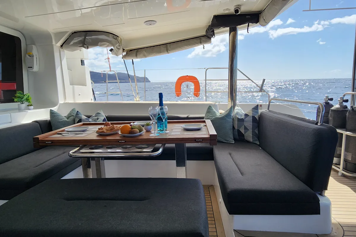 Deck of Tamiro, a Lagoon 52F catamaran at Municipal Unit of Lefkada, Greece
