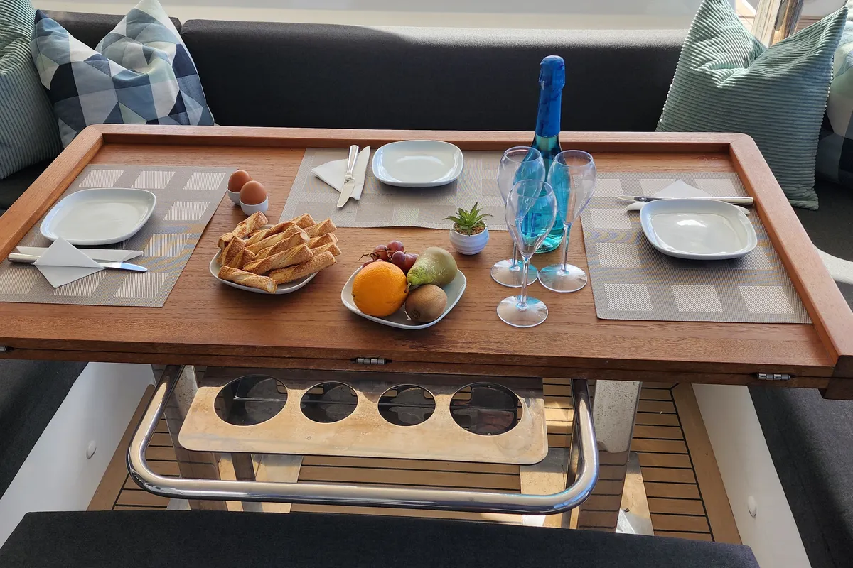 Deck of Tamiro, a Lagoon 52F catamaran at Municipal Unit of Lefkada, Greece